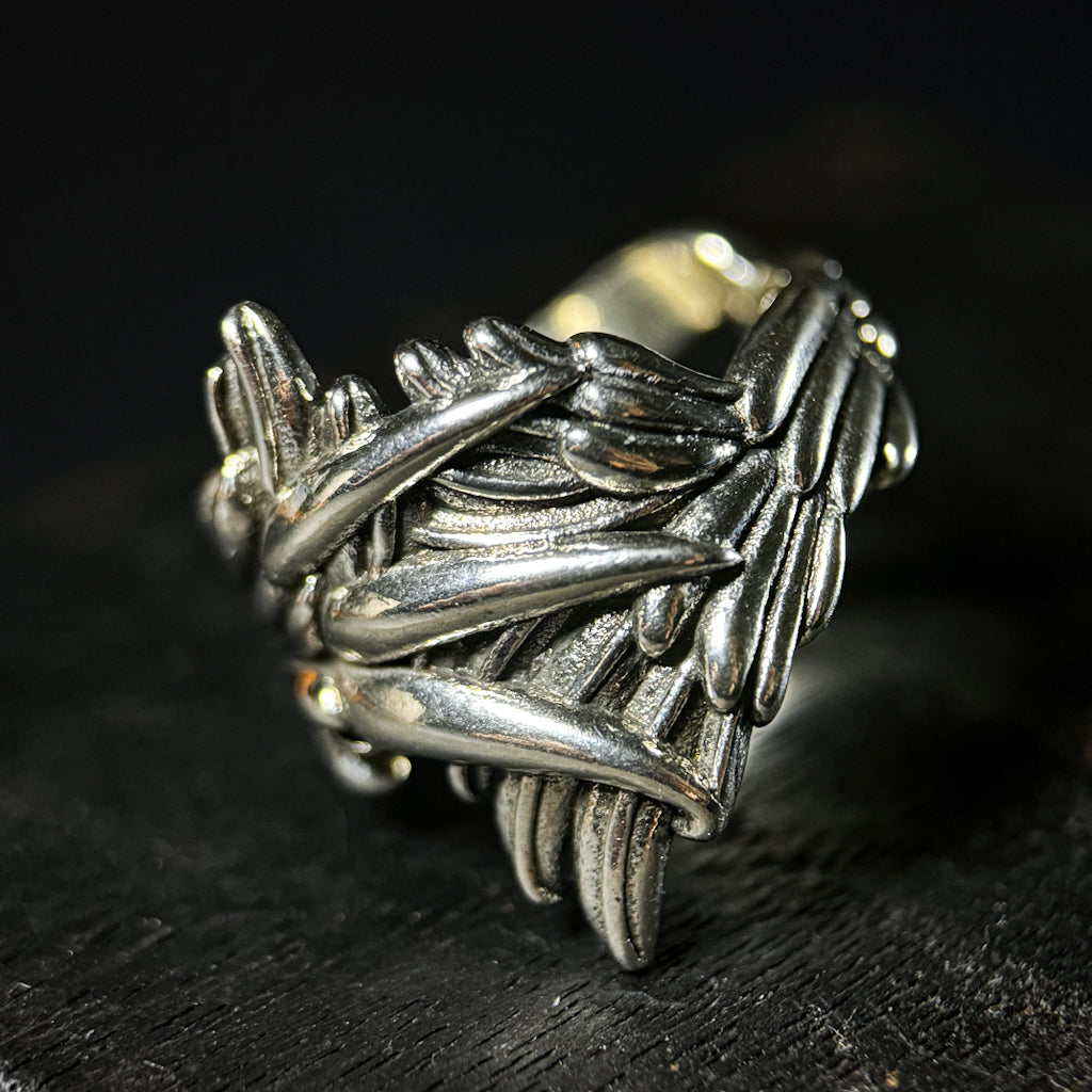 Yuuzo 925 Japan Angel Wing Ring • Vintage Engraved Statement Band with Layered Feather Wing Design for Men & Women