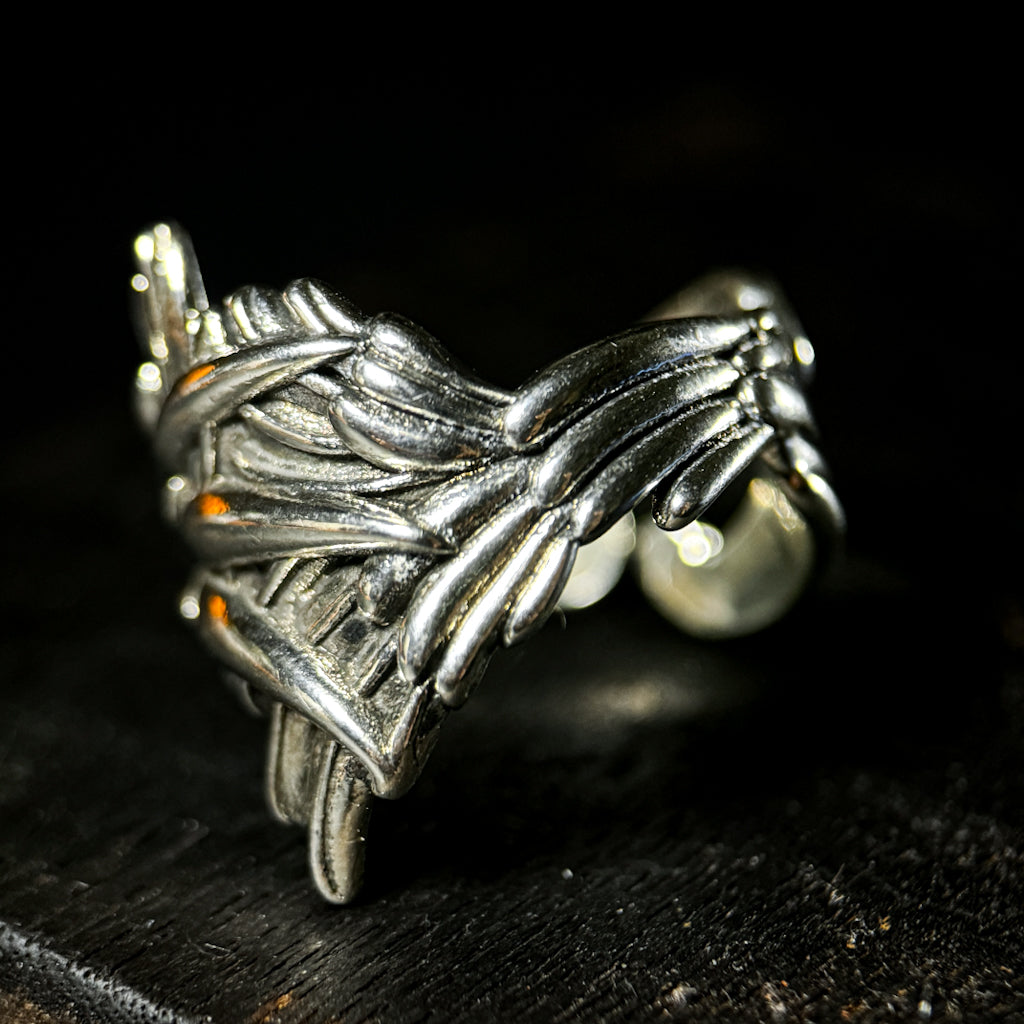 Yuuzo 925 Japan Angel Wing Ring • Vintage Engraved Statement Band with Layered Feather Wing Design for Men & Women
