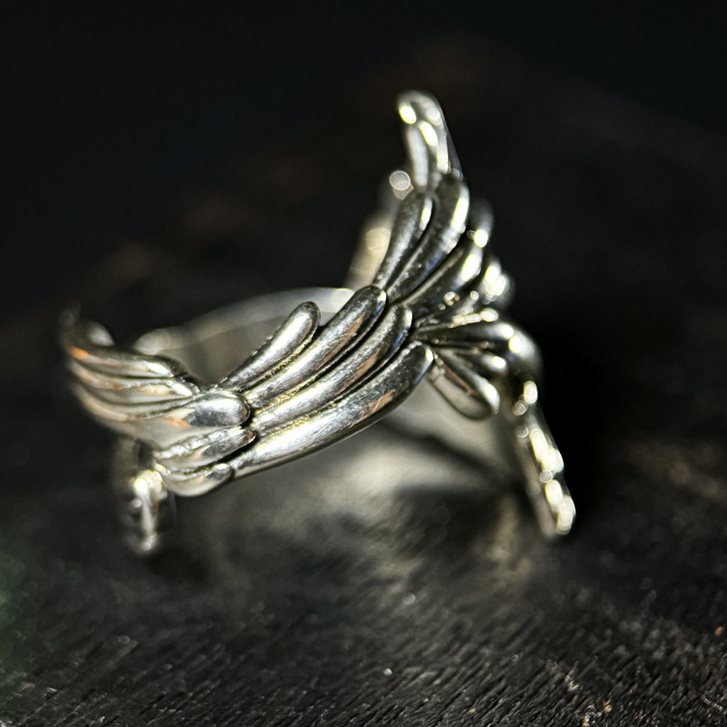 Yuuzo 925 Japan Angel Wing Ring • Vintage Engraved Statement Band with Layered Feather Wing Design for Men & Women