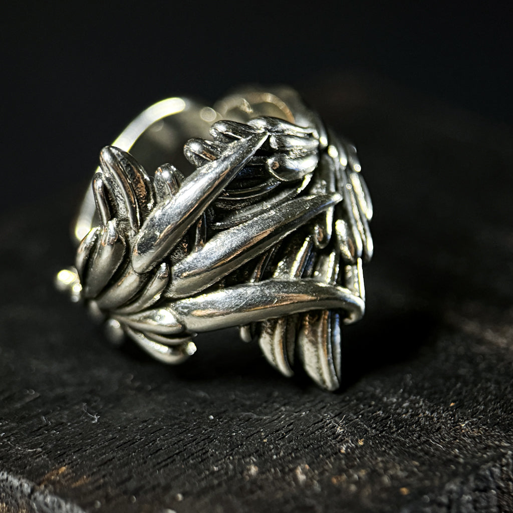 Yuuzo 925 Japan Angel Wing Ring • Vintage Engraved Statement Band with Layered Feather Wing Design for Men & Women