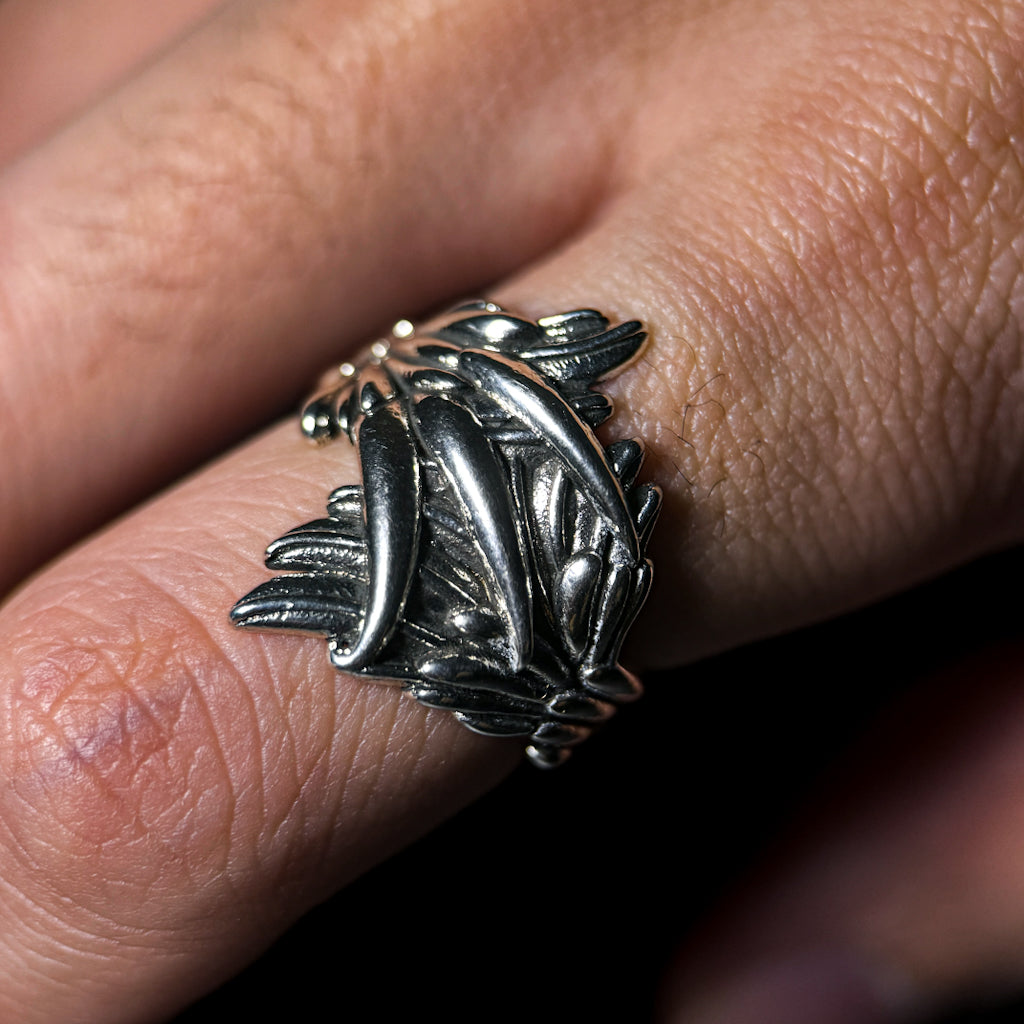 Yuuzo 925 Japan Angel Wing Ring • Vintage Engraved Statement Band with Layered Feather Wing Design for Men & Women