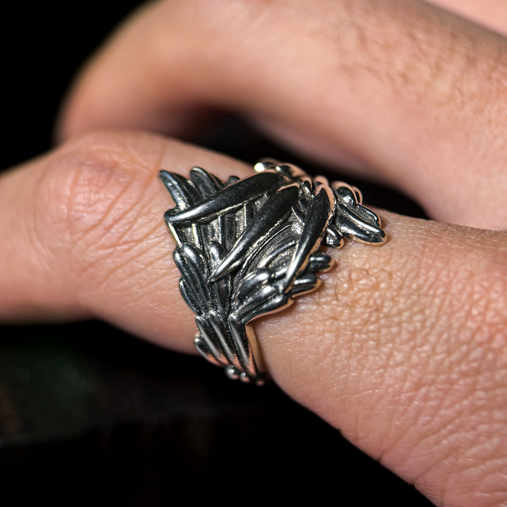 Yuuzo 925 Japan Angel Wing Ring • Vintage Engraved Statement Band with Layered Feather Wing Design for Men & Women