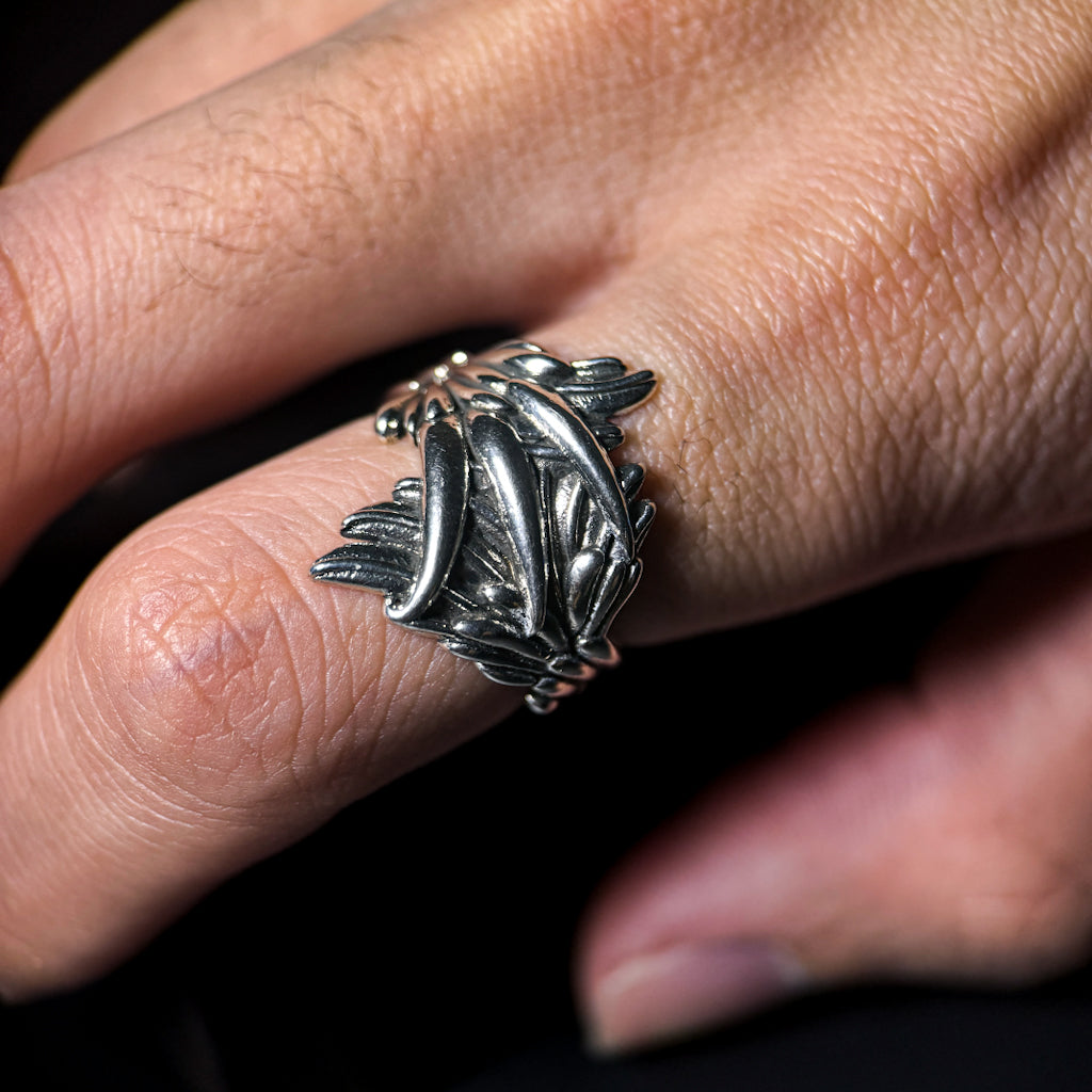 Yuuzo 925 Japan Angel Wing Ring • Vintage Engraved Statement Band with Layered Feather Wing Design for Men & Women