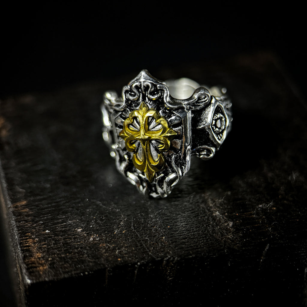 Yuuzo 925 Japan Cross Shield Ring • Vintage Engraved Statement Band with Brass Cross Floral Emblem for Men & Women