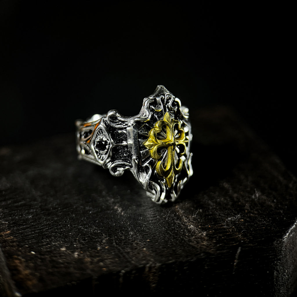 Yuuzo 925 Japan Cross Shield Ring • Vintage Engraved Statement Band with Brass Cross Floral Emblem for Men & Women