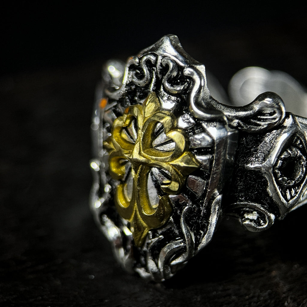 Yuuzo 925 Japan Cross Shield Ring • Vintage Engraved Statement Band with Brass Cross Floral Emblem for Men & Women