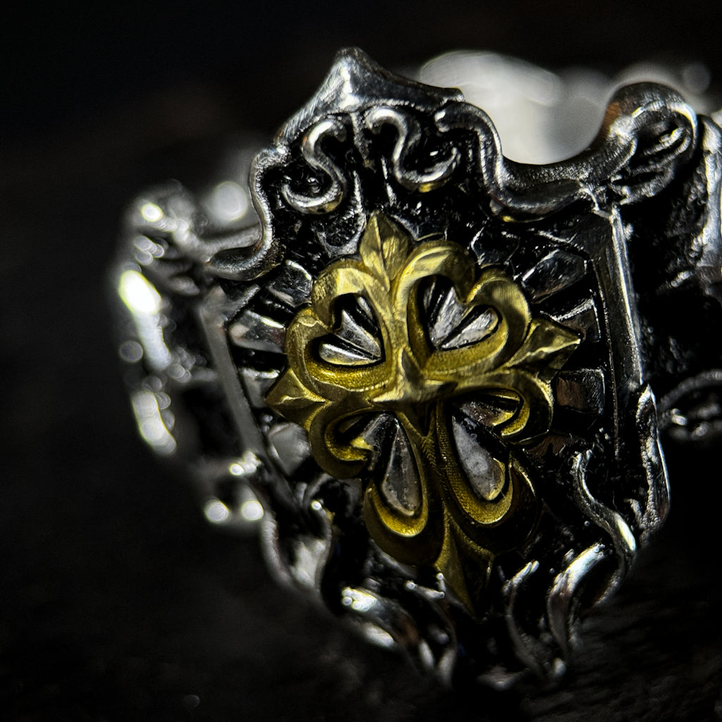 Yuuzo 925 Japan Cross Shield Ring • Vintage Engraved Statement Band with Brass Cross Floral Emblem for Men & Women