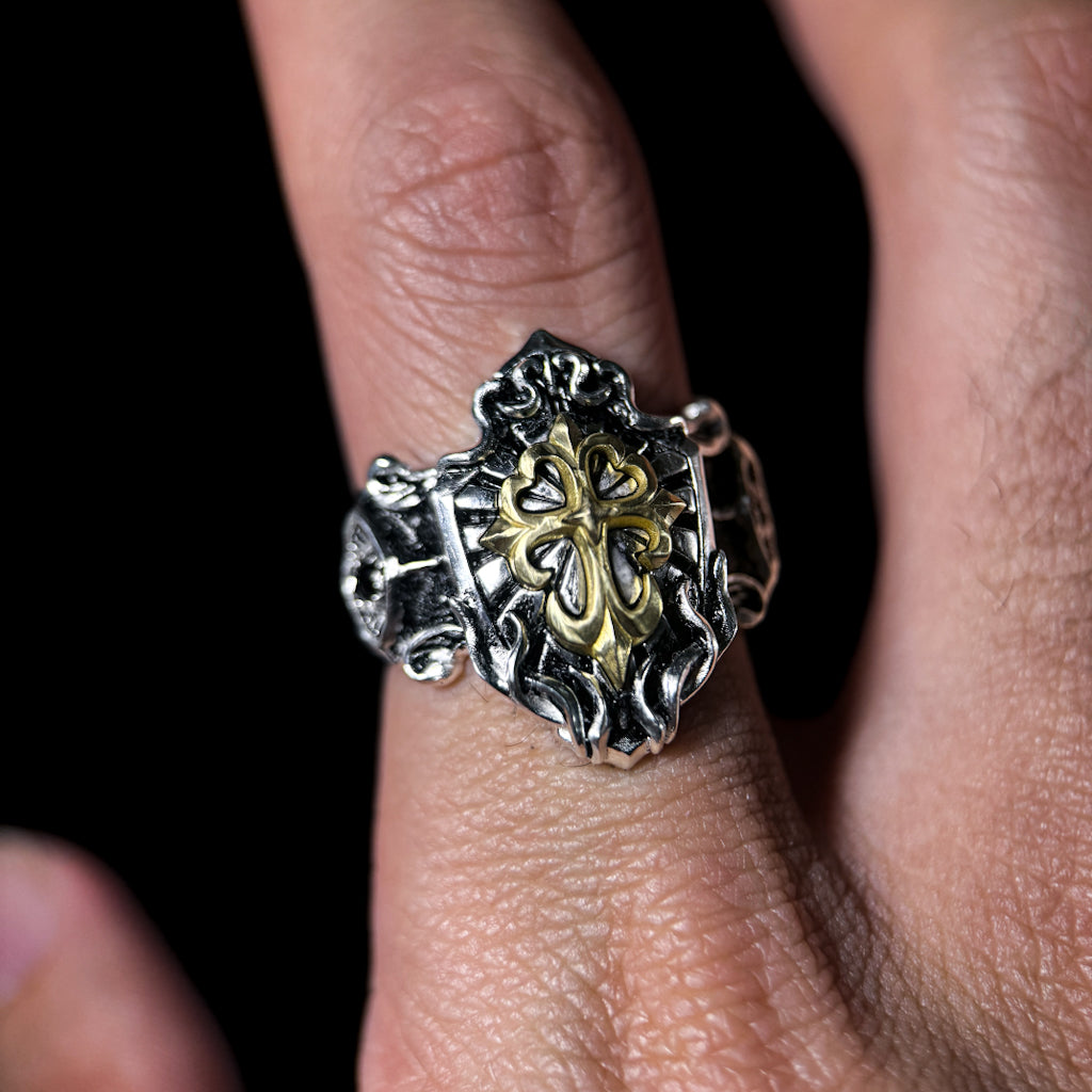 Yuuzo 925 Japan Cross Shield Ring • Vintage Engraved Statement Band with Brass Cross Floral Emblem for Men & Women