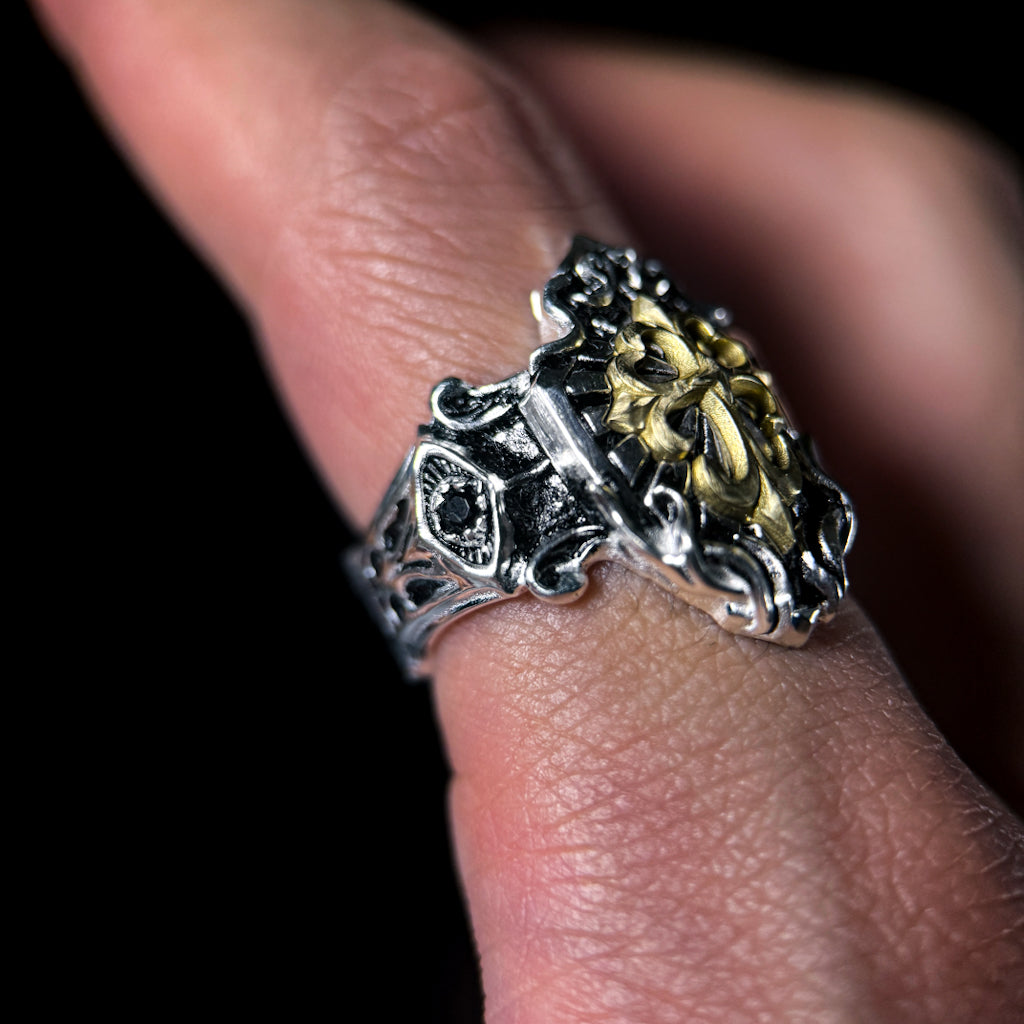 Yuuzo 925 Japan Cross Shield Ring • Vintage Engraved Statement Band with Brass Cross Floral Emblem for Men & Women