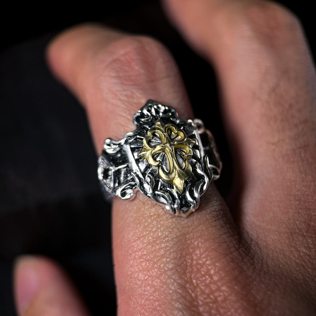 Yuuzo 925 Japan Cross Shield Ring • Vintage Engraved Statement Band with Brass Cross Floral Emblem for Men & Women
