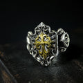 Yuuzo 925 Japan Cross Shield Ring • Vintage Engraved Statement Band with Brass Cross Floral Emblem for Men & Women