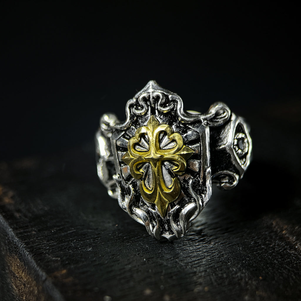 Yuuzo 925 Japan Cross Shield Ring • Vintage Engraved Statement Band with Brass Cross Floral Emblem for Men & Women