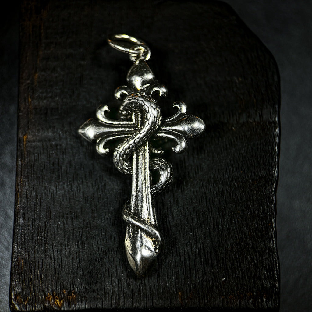Yuuzo 925 Japan Snake Cross Pendant • Vintage Engraved Statement Necklace Pendant with Coiled Serpent Cross Design for Men & Women