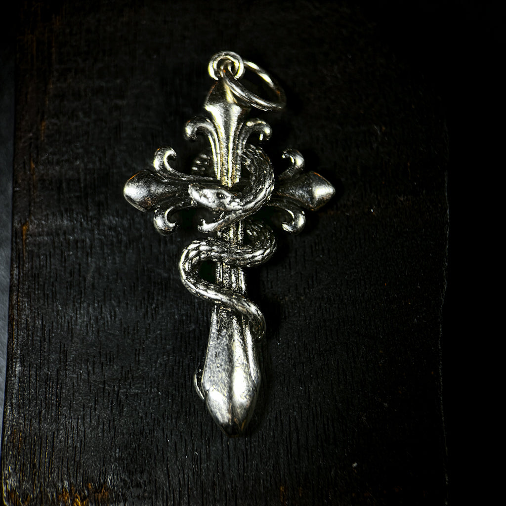 Yuuzo 925 Japan Snake Cross Pendant • Vintage Engraved Statement Necklace Pendant with Coiled Serpent Cross Design for Men & Women