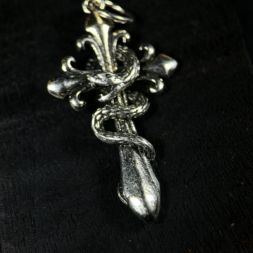 Yuuzo 925 Japan Snake Cross Pendant • Vintage Engraved Statement Necklace Pendant with Coiled Serpent Cross Design for Men & Women