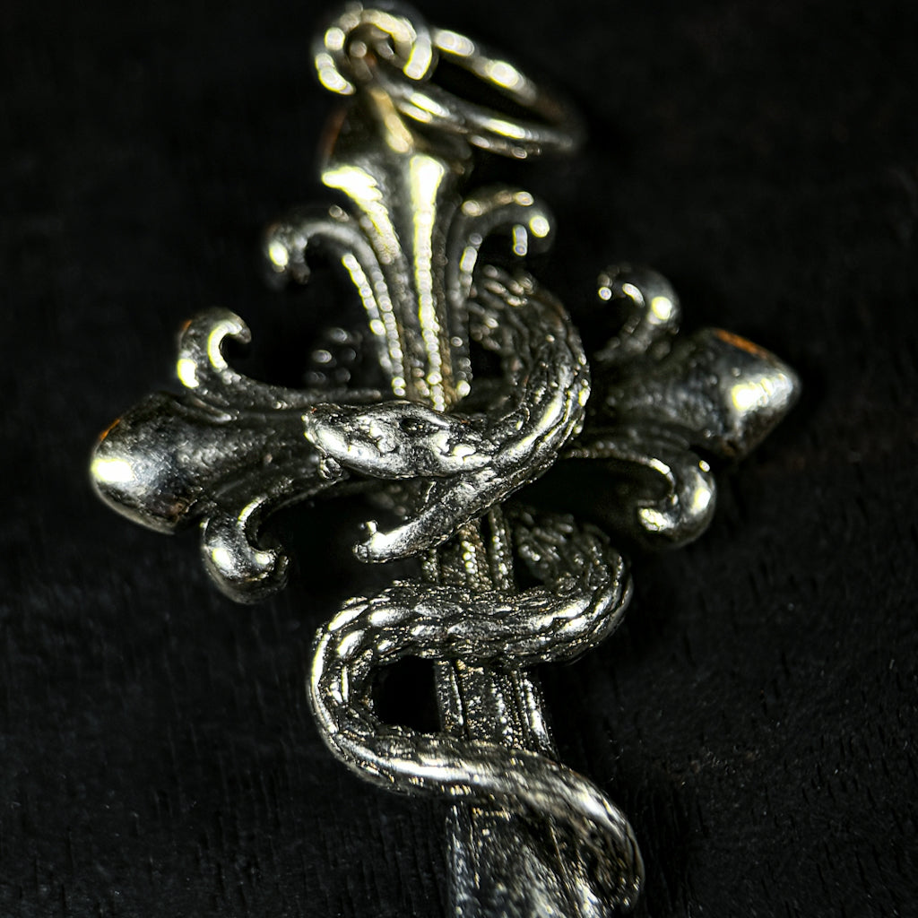 Yuuzo 925 Japan Snake Cross Pendant • Vintage Engraved Statement Necklace Pendant with Coiled Serpent Cross Design for Men & Women