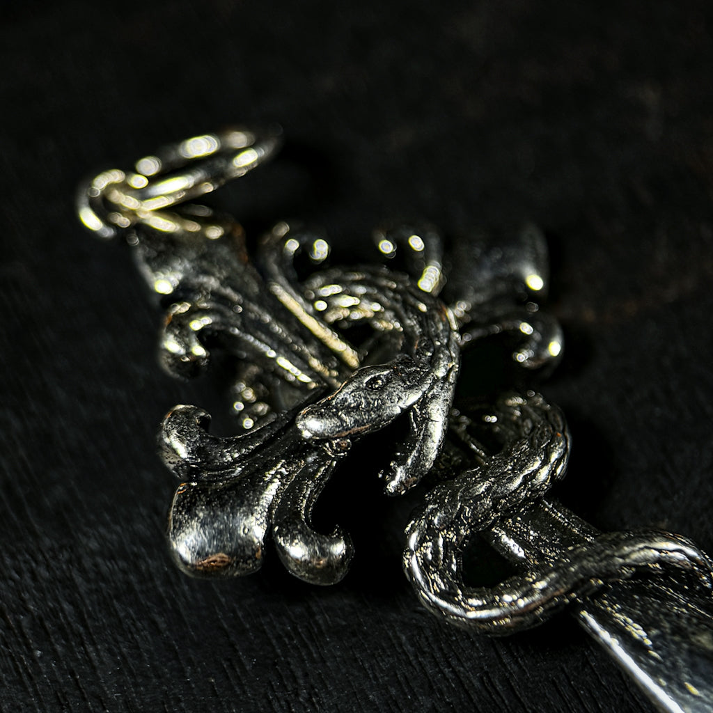 Yuuzo 925 Japan Snake Cross Pendant • Vintage Engraved Statement Necklace Pendant with Coiled Serpent Cross Design for Men & Women