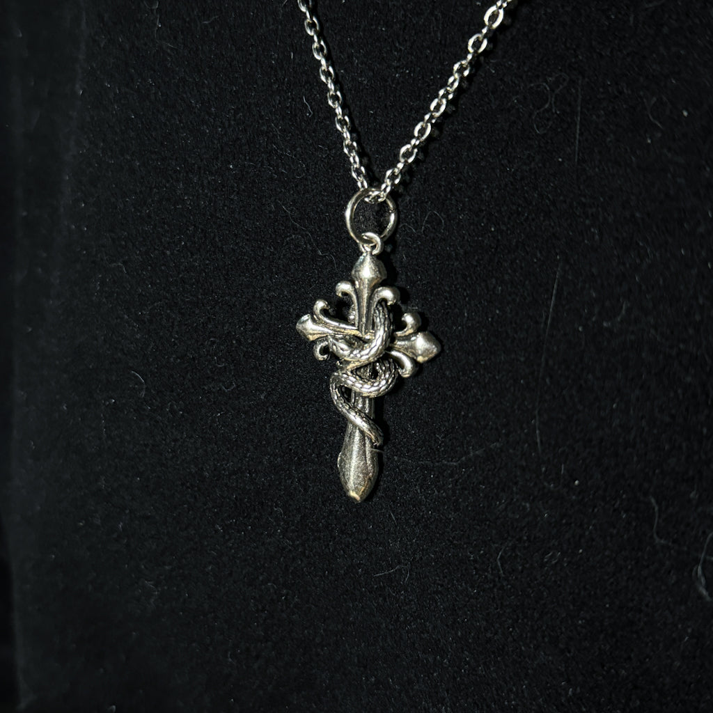 Yuuzo 925 Japan Snake Cross Pendant • Vintage Engraved Statement Necklace Pendant with Coiled Serpent Cross Design for Men & Women