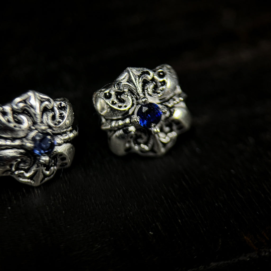 Yuuzo 925 Japan Octopus Stud Earrings • Vintage Engraved Statement Studs with Deep Blue Stone Detail for Men & Women