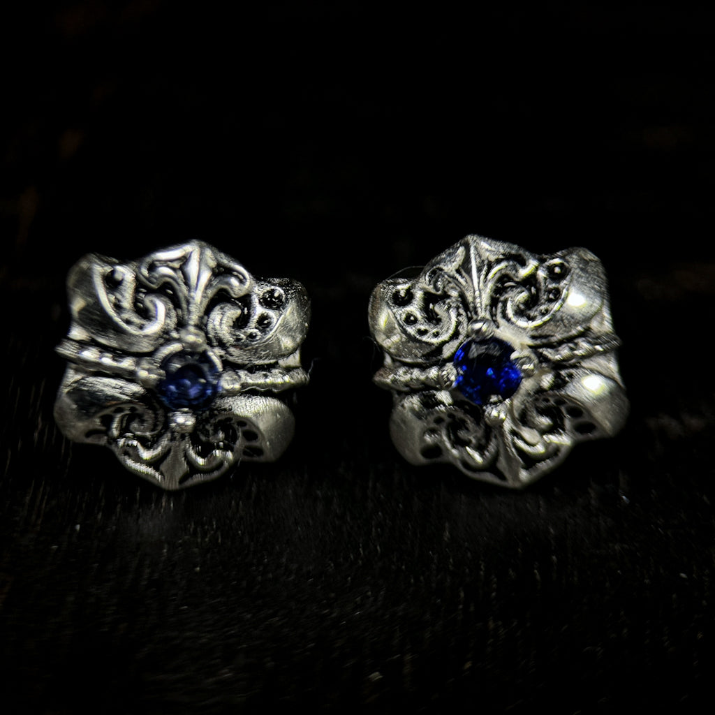 Yuuzo 925 Japan Octopus Stud Earrings • Vintage Engraved Statement Studs with Deep Blue Stone Detail for Men & Women