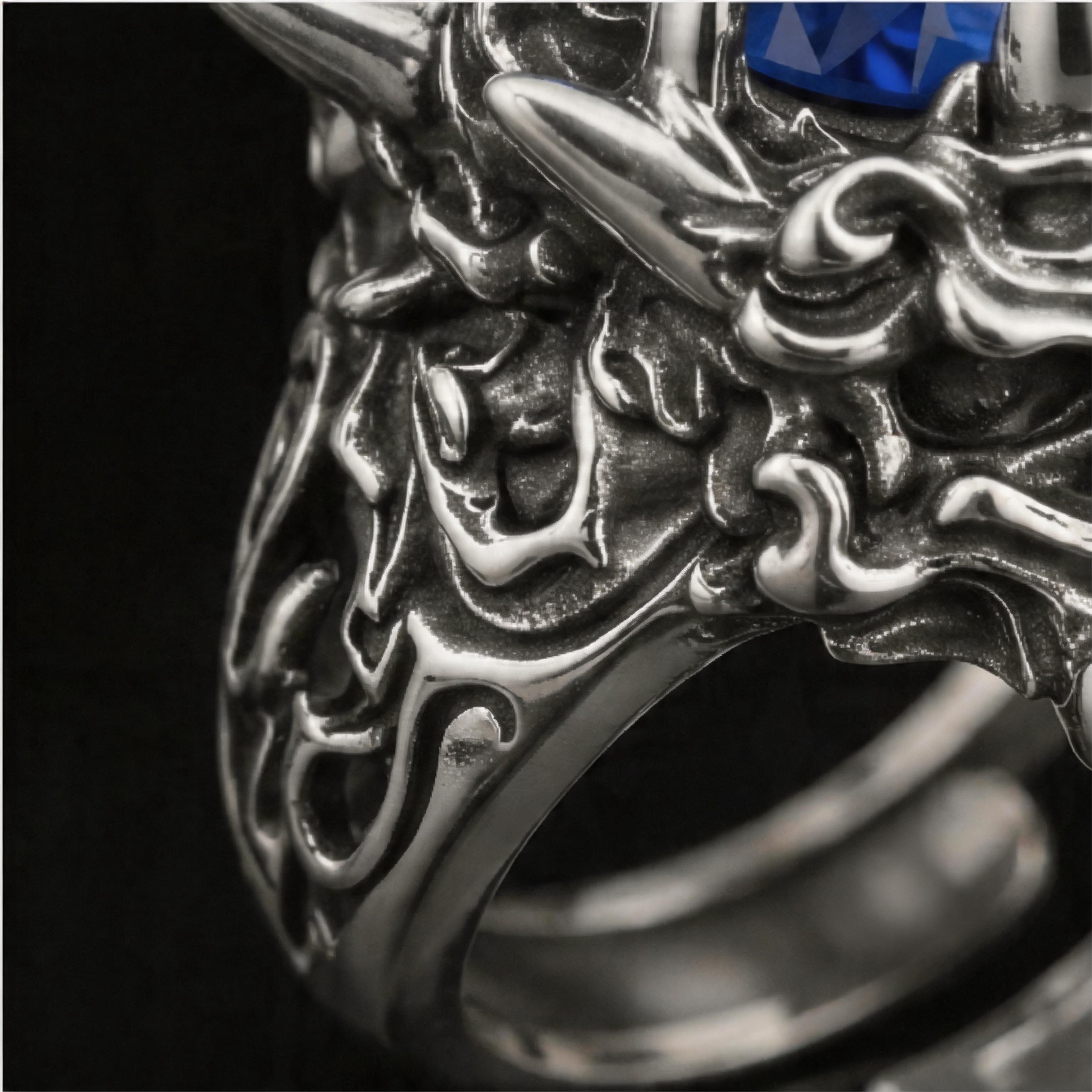 Yuuzo 925 Japan Dragon Head Blue Stone Ring • Bold Gothic Design Adjustable Ring for Statement Jewelry, Streetwear Outfit