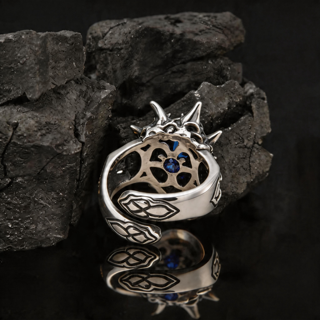 Yuuzo 925 Japan Dragon Head Blue Stone Ring • Bold Gothic Design Adjustable Ring for Statement Jewelry, Streetwear Outfit