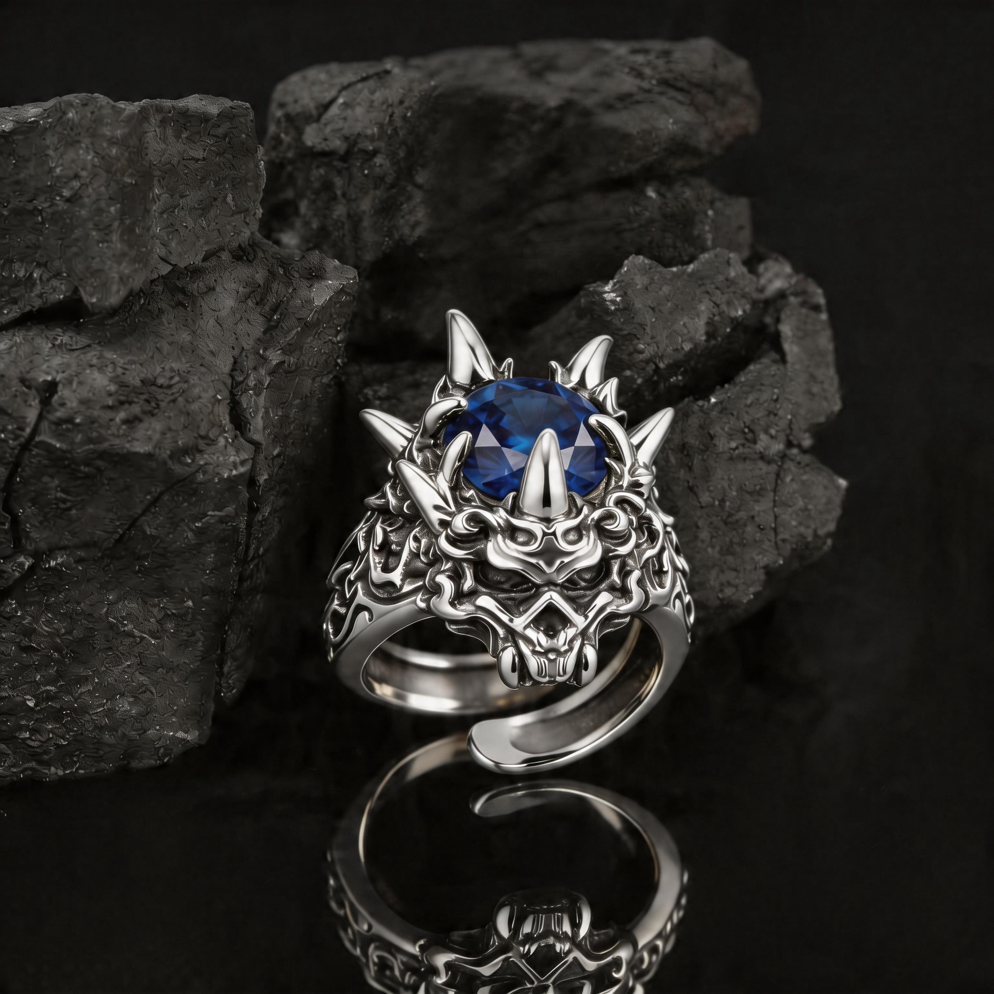 Yuuzo 925 Japan Dragon Head Blue Stone Ring • Bold Gothic Design Adjustable Ring for Statement Jewelry, Streetwear Outfit
