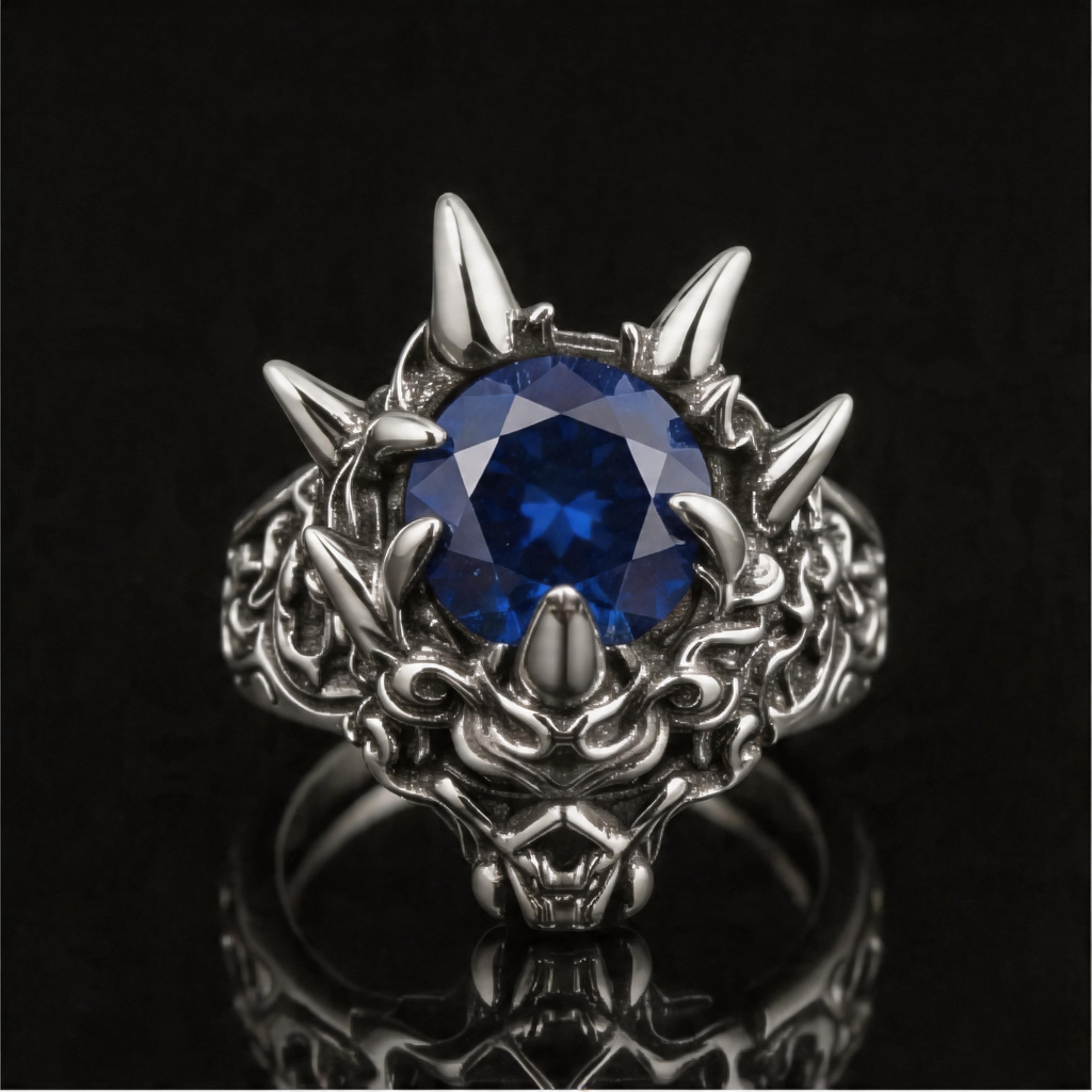 Yuuzo 925 Japan Dragon Head Blue Stone Ring • Bold Gothic Design Adjustable Ring for Statement Jewelry, Streetwear Outfit