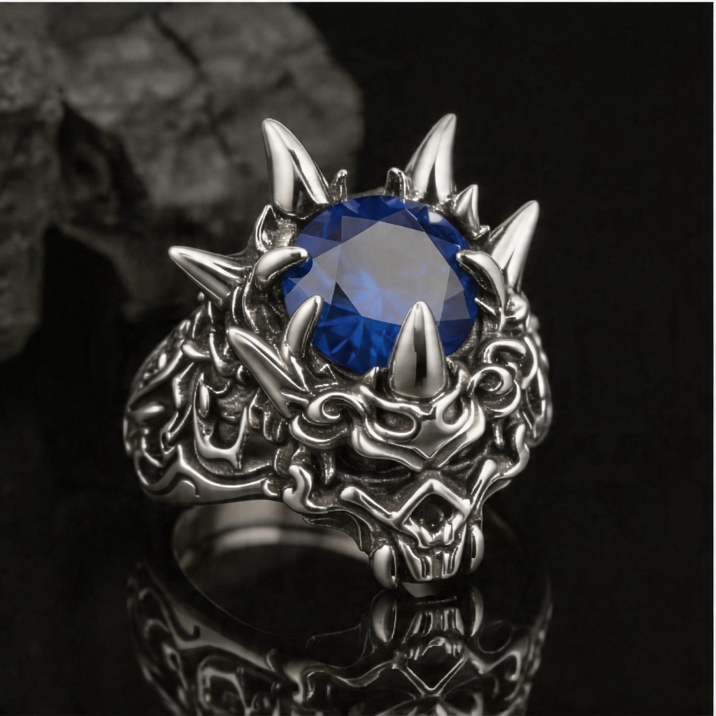 Yuuzo 925 Japan Dragon Head Blue Stone Ring • Bold Gothic Design Adjustable Ring for Statement Jewelry, Streetwear Outfit