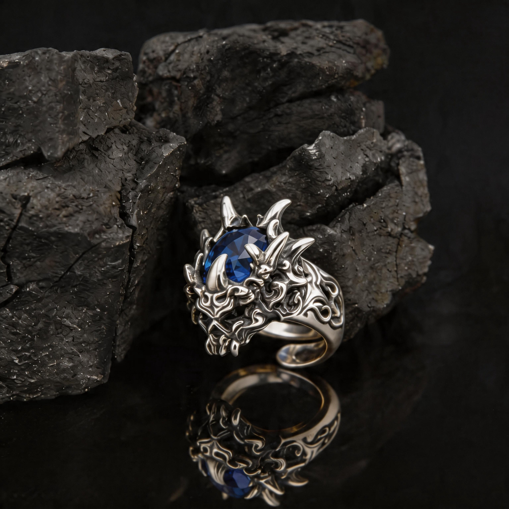 Yuuzo 925 Japan Dragon Head Blue Stone Ring • Bold Gothic Design Adjustable Ring for Statement Jewelry, Streetwear Outfit