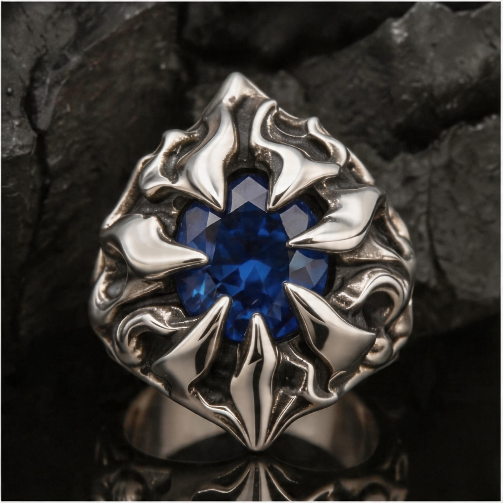 Yuuzo 925 Japan Blue Stone Spike Ring • Aggressive Gothic Design Adjustable Ring with Claw Style for Statement Jewelry, Dark Aesthetic and Streetwear Outfit