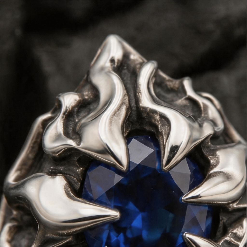Yuuzo 925 Japan Blue Stone Spike Ring • Aggressive Gothic Design Adjustable Ring with Claw Style for Statement Jewelry, Dark Aesthetic and Streetwear Outfit