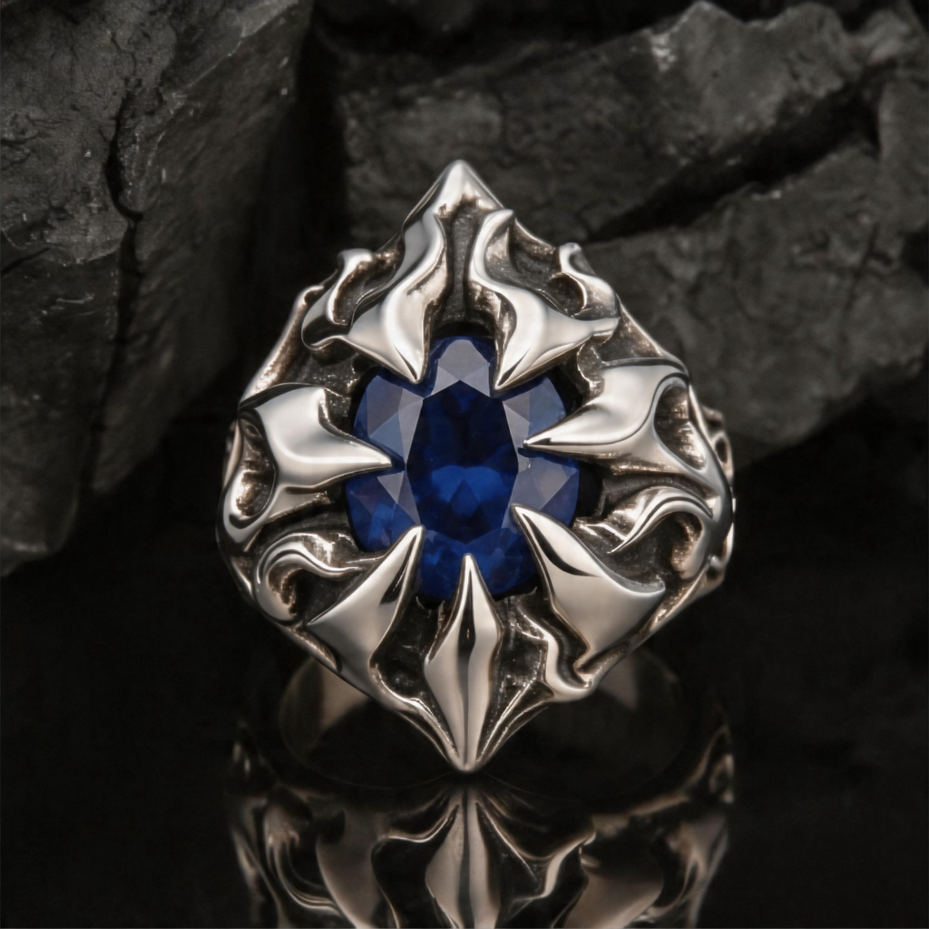 Yuuzo 925 Japan Blue Stone Spike Ring • Aggressive Gothic Design Adjustable Ring with Claw Style for Statement Jewelry, Dark Aesthetic and Streetwear Outfit