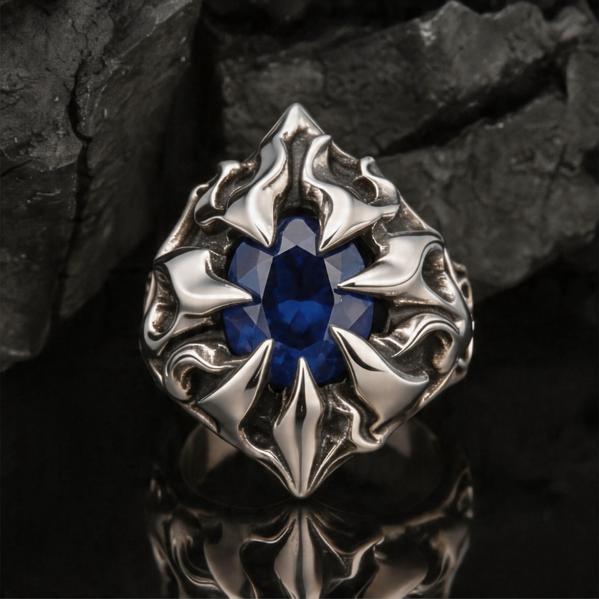 Yuuzo 925 Japan Blue Stone Spike Ring • Aggressive Gothic Design Adjustable Ring with Claw Style for Statement Jewelry, Dark Aesthetic and Streetwear Outfit