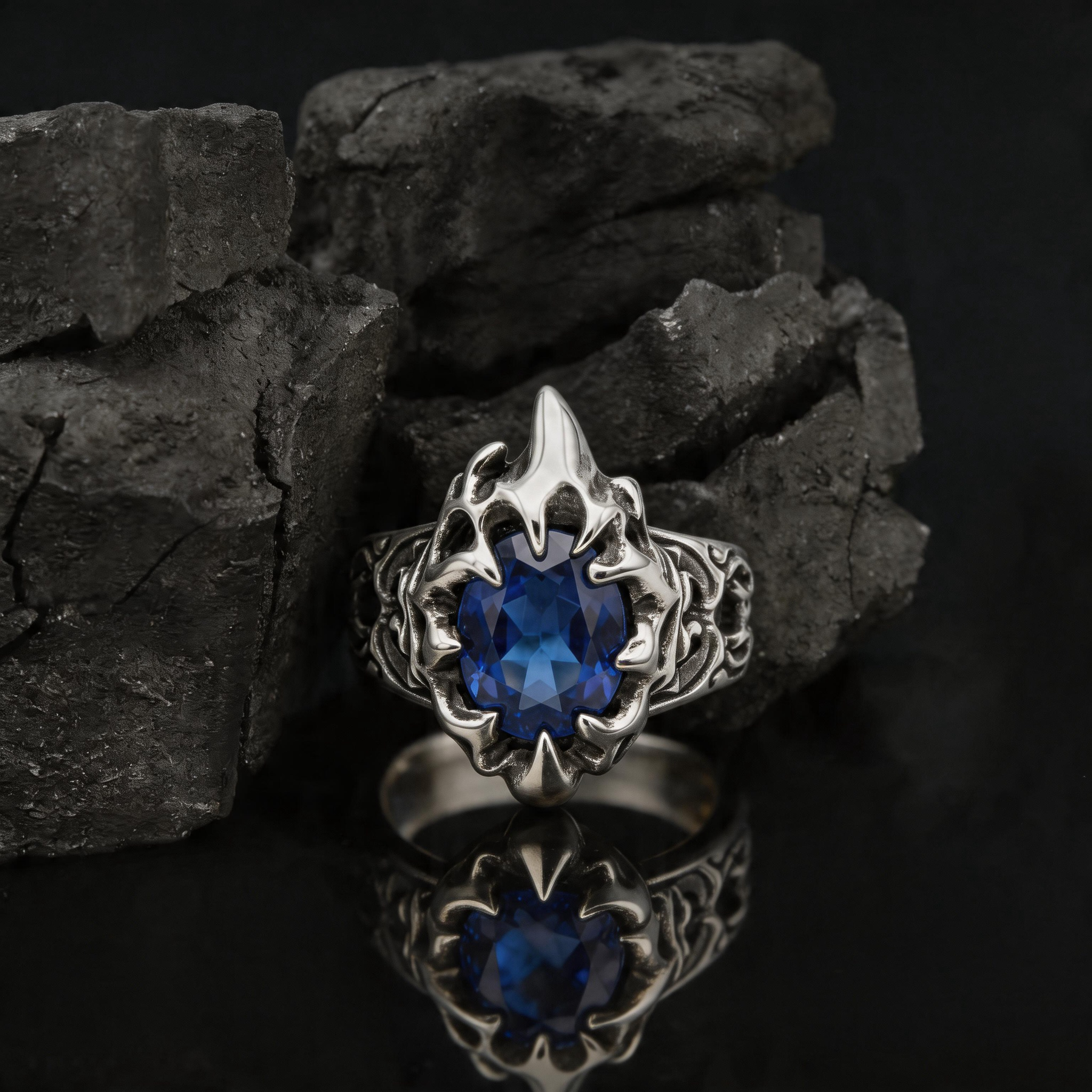 Yuuzo 925 Japan Blue Stone Claw Ring • Aggressive Gothic Design Adjustable Ring with Sharp Wrap Setting, Dark Aesthetic Statement Jewelry