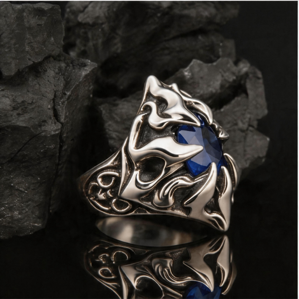 Yuuzo 925 Japan Blue Stone Spike Ring • Aggressive Gothic Design Adjustable Ring with Claw Style for Statement Jewelry, Dark Aesthetic and Streetwear Outfit