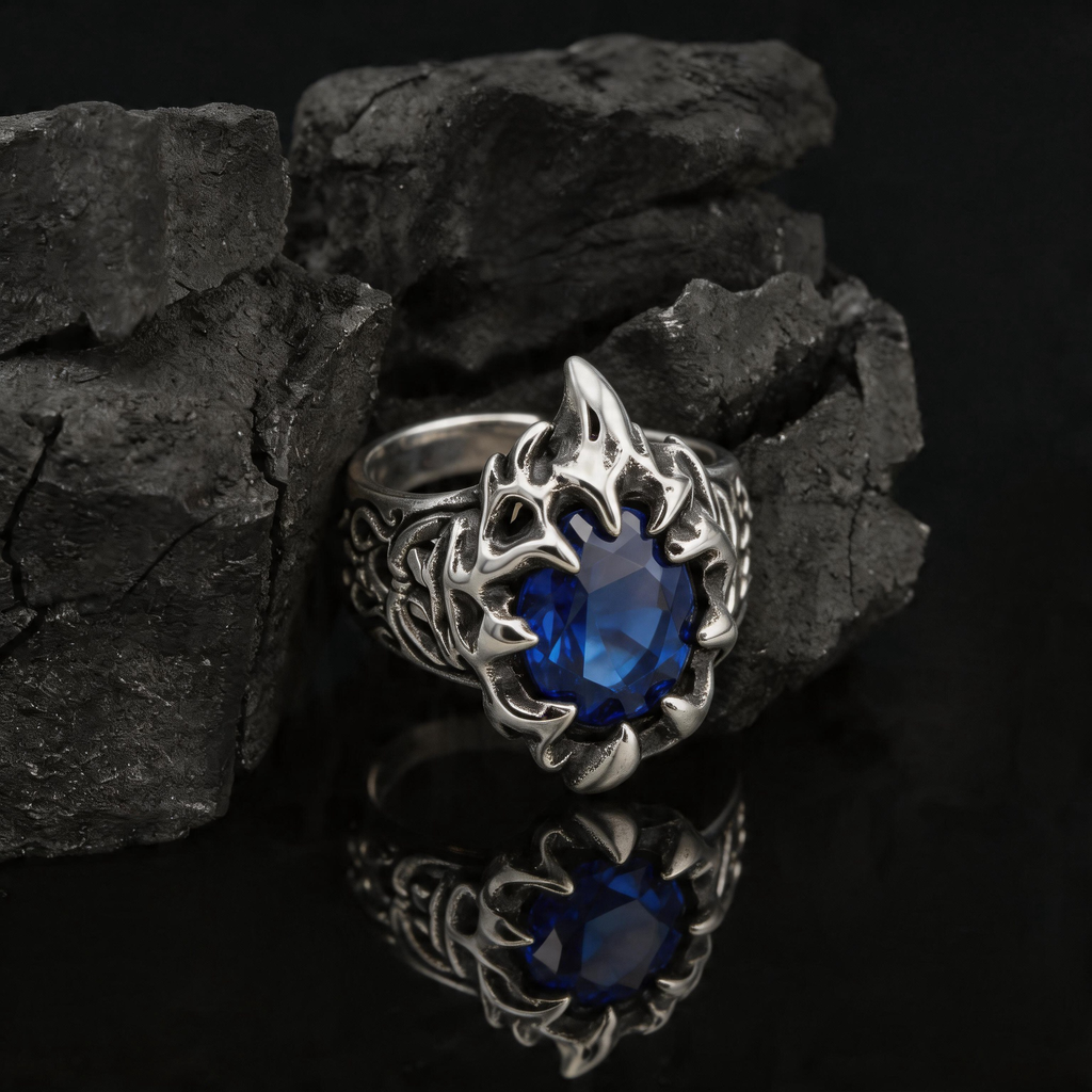 Yuuzo 925 Japan Blue Stone Claw Ring • Aggressive Gothic Design Adjustable Ring with Sharp Wrap Setting, Dark Aesthetic Statement Jewelry