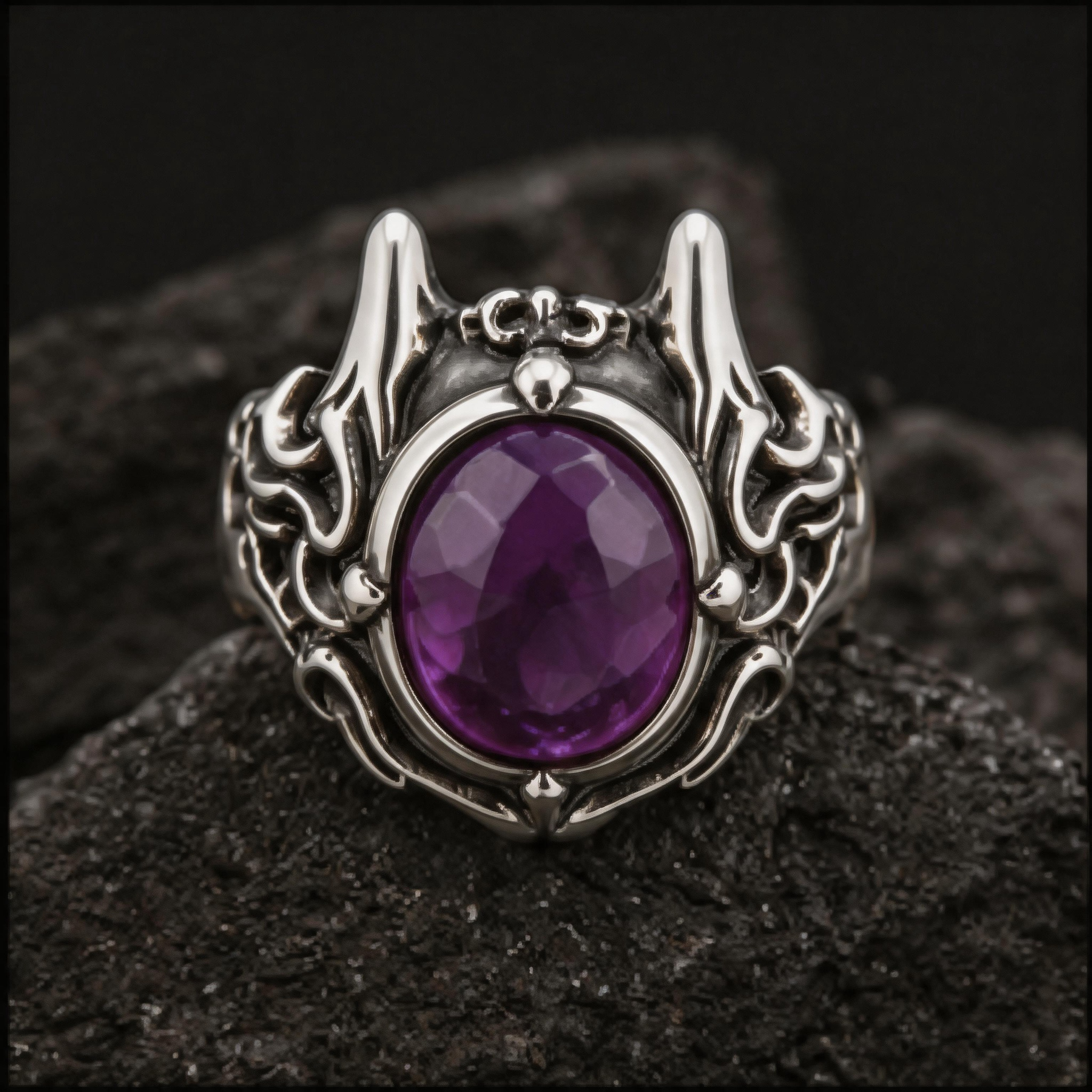 Yuuzo 925 Japan Purple Stone Statement Ring • Gothic Vintage Design Adjustable Ring for Streetwear Outfit and Dark Style Lovers