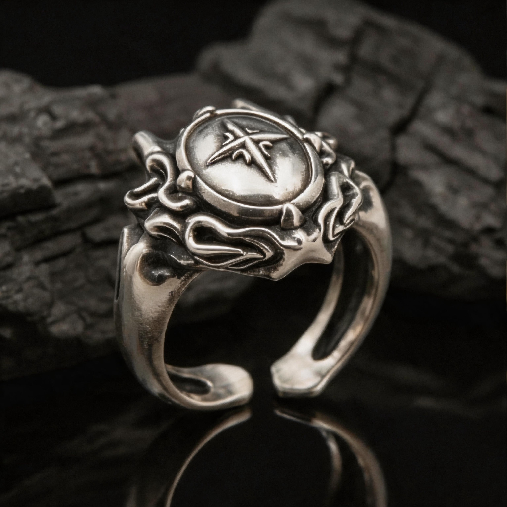 Yuuzo 925 Japan Cross Signet Ring • Vintage Gothic Engraved Adjustable Ring, Dark Aesthetic Statement Jewelry for Unisex