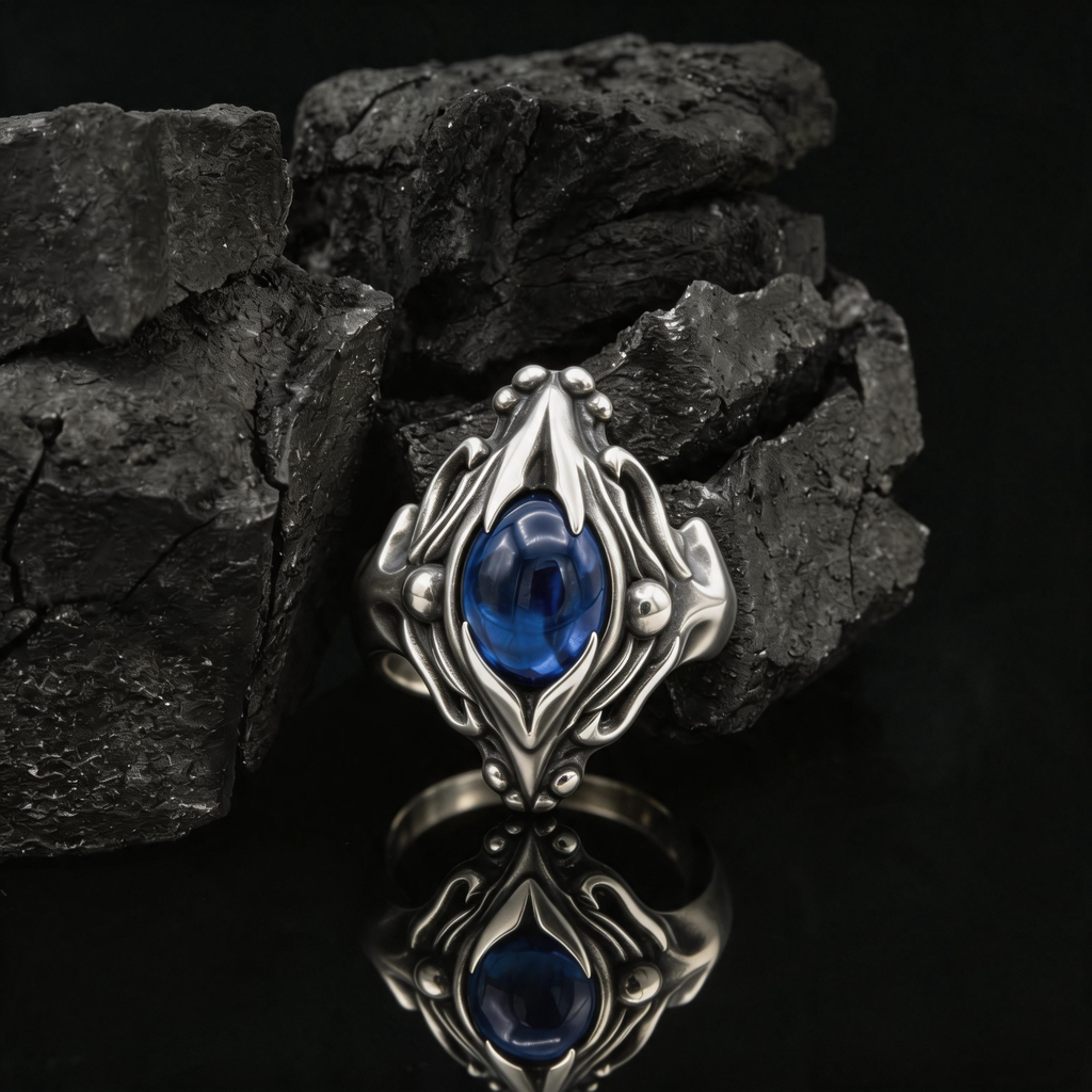 Yuuzo 925 Japan Blue Eye Stone Ring • Gothic Flame Frame Adjustable Ring, Dark Fantasy Statement Jewelry for Unisex