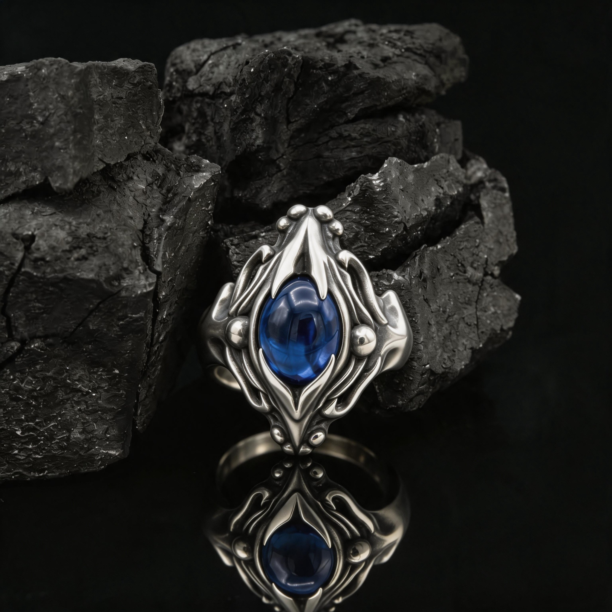 Yuuzo 925 Japan Blue Eye Stone Ring • Gothic Flame Frame Adjustable Ring, Dark Fantasy Statement Jewelry for Unisex