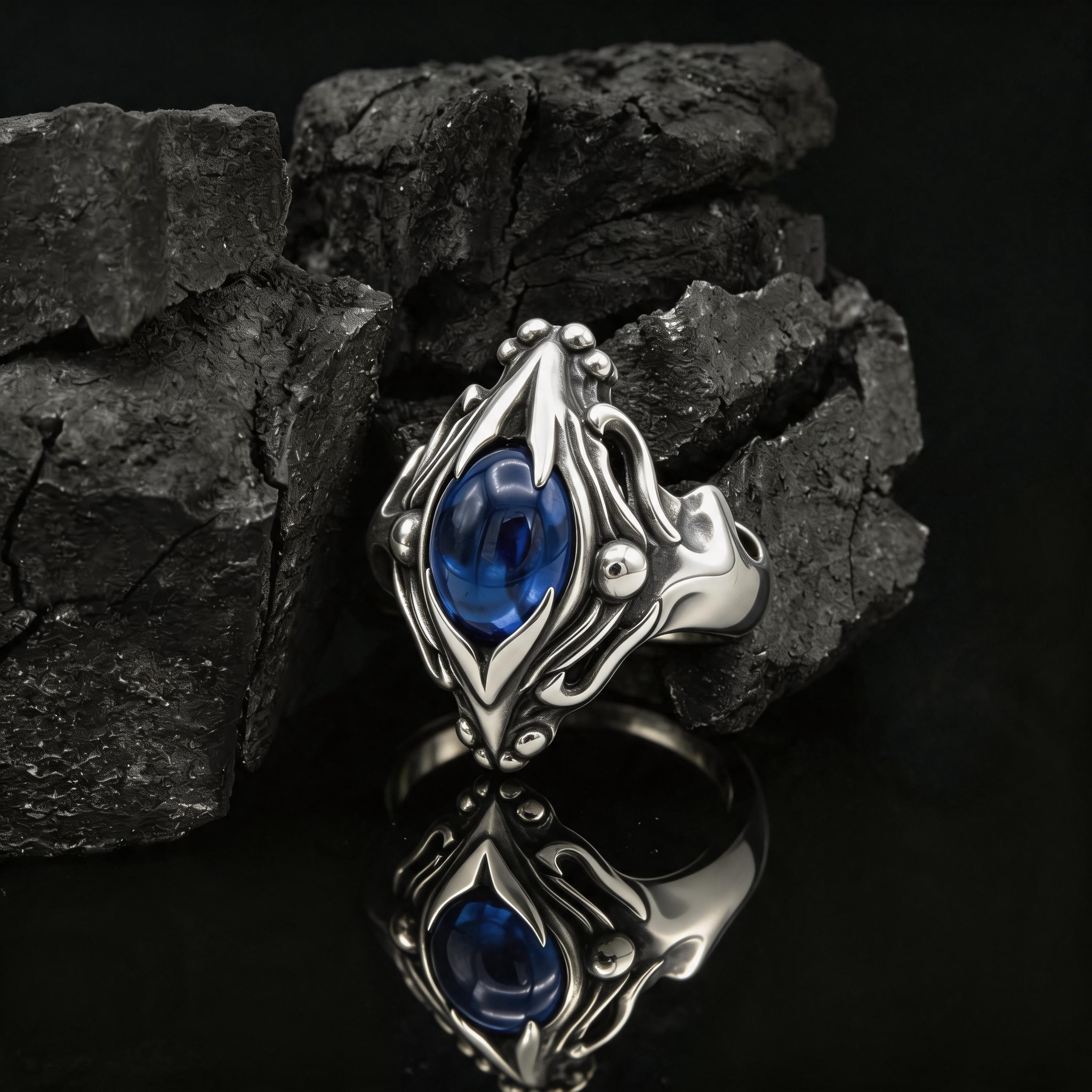Yuuzo 925 Japan Blue Eye Stone Ring • Gothic Flame Frame Adjustable Ring, Dark Fantasy Statement Jewelry for Unisex