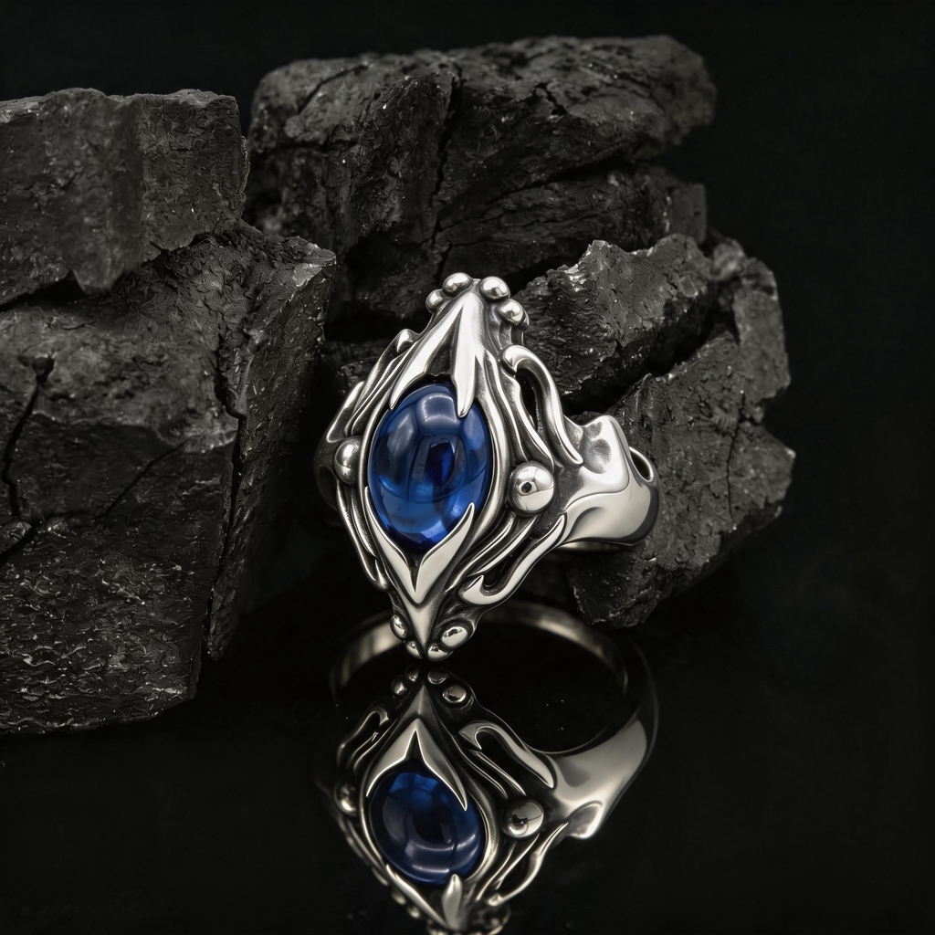 Yuuzo 925 Japan Blue Eye Stone Ring • Gothic Flame Frame Adjustable Ring, Dark Fantasy Statement Jewelry for Unisex