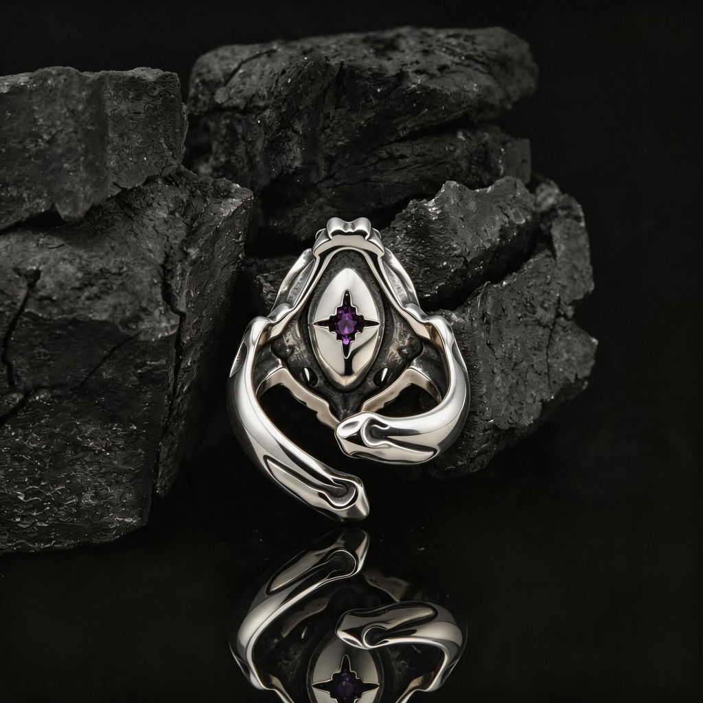 Yuuzo 925 Japan Blue Eye Stone Ring • Gothic Flame Frame Adjustable Ring, Dark Fantasy Statement Jewelry for Unisex