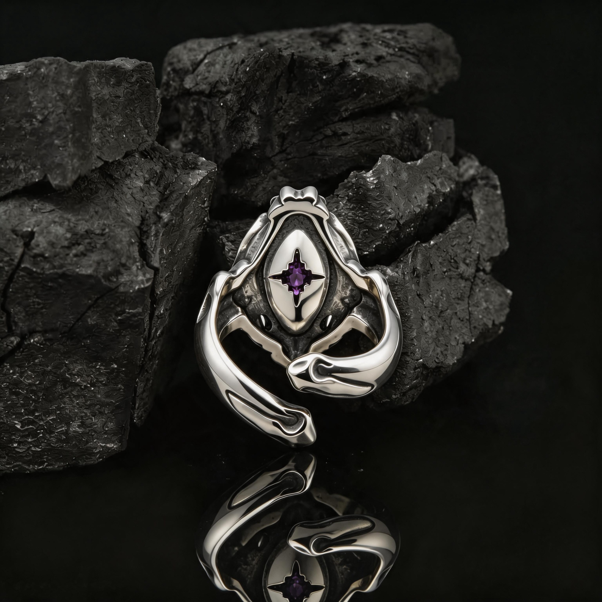 Yuuzo 925 Japan Blue Eye Stone Ring • Gothic Flame Frame Adjustable Ring, Dark Fantasy Statement Jewelry for Unisex
