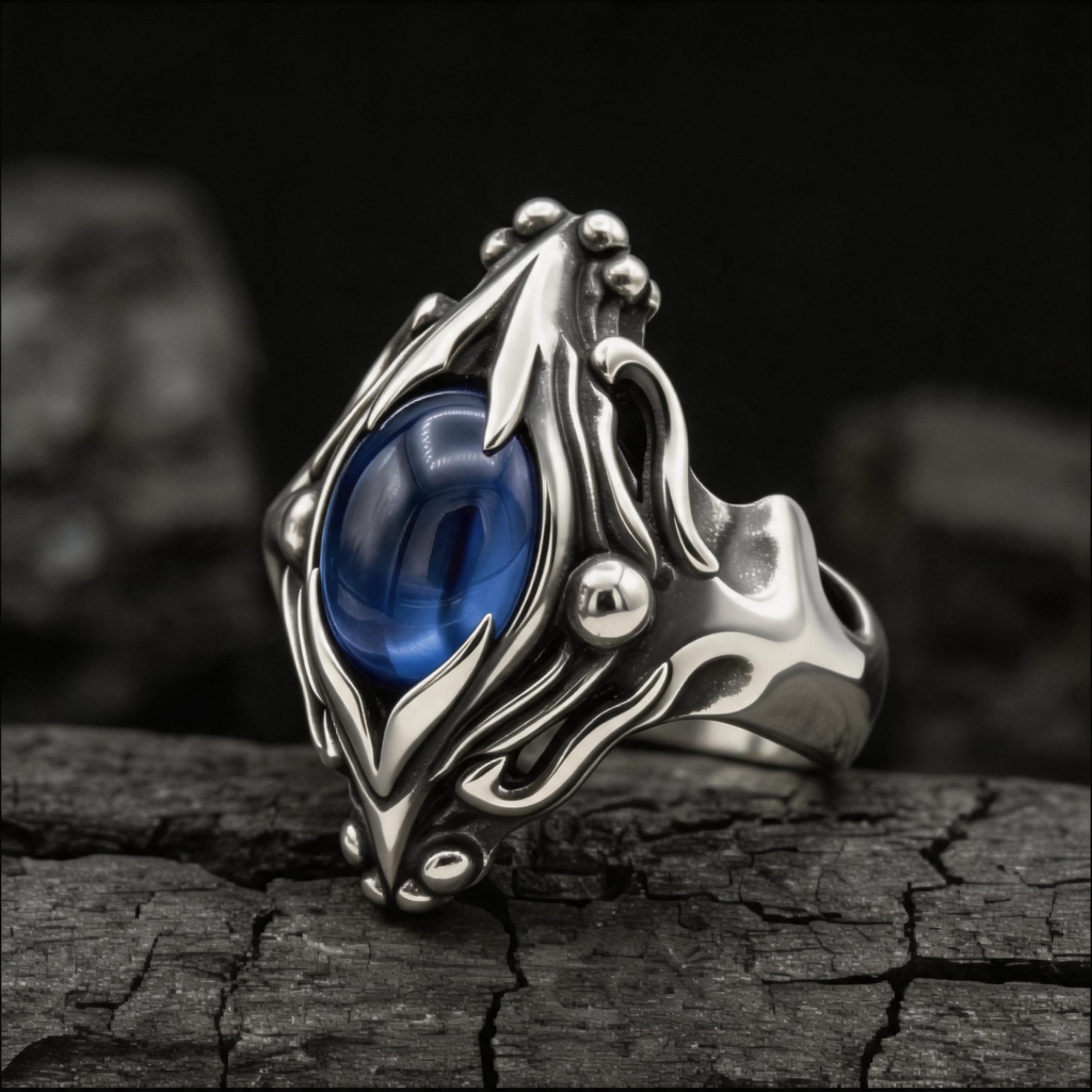 Yuuzo 925 Japan Blue Eye Stone Ring • Gothic Flame Frame Adjustable Ring, Dark Fantasy Statement Jewelry for Unisex