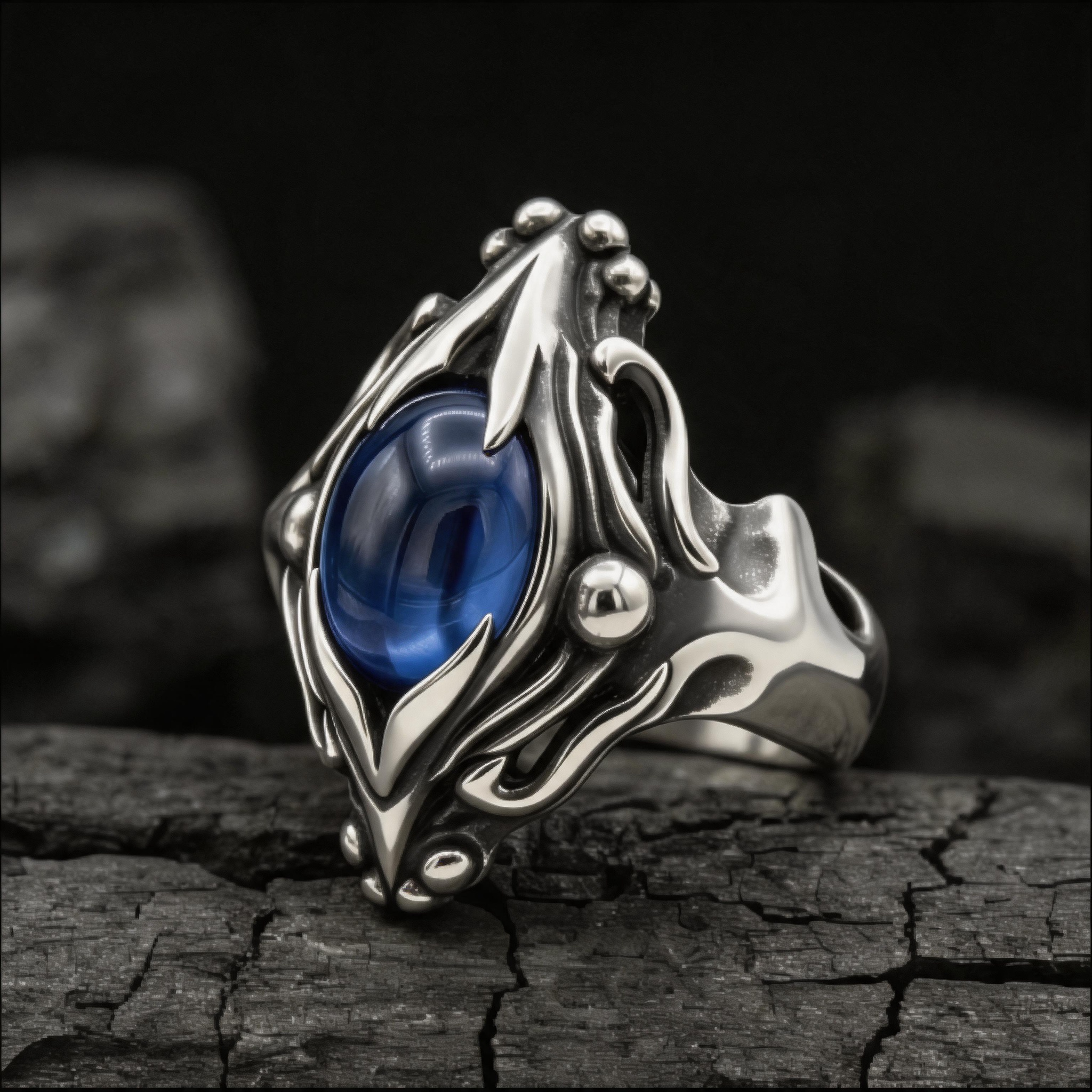 Yuuzo 925 Japan Blue Eye Stone Ring • Gothic Flame Frame Adjustable Ring, Dark Fantasy Statement Jewelry for Unisex