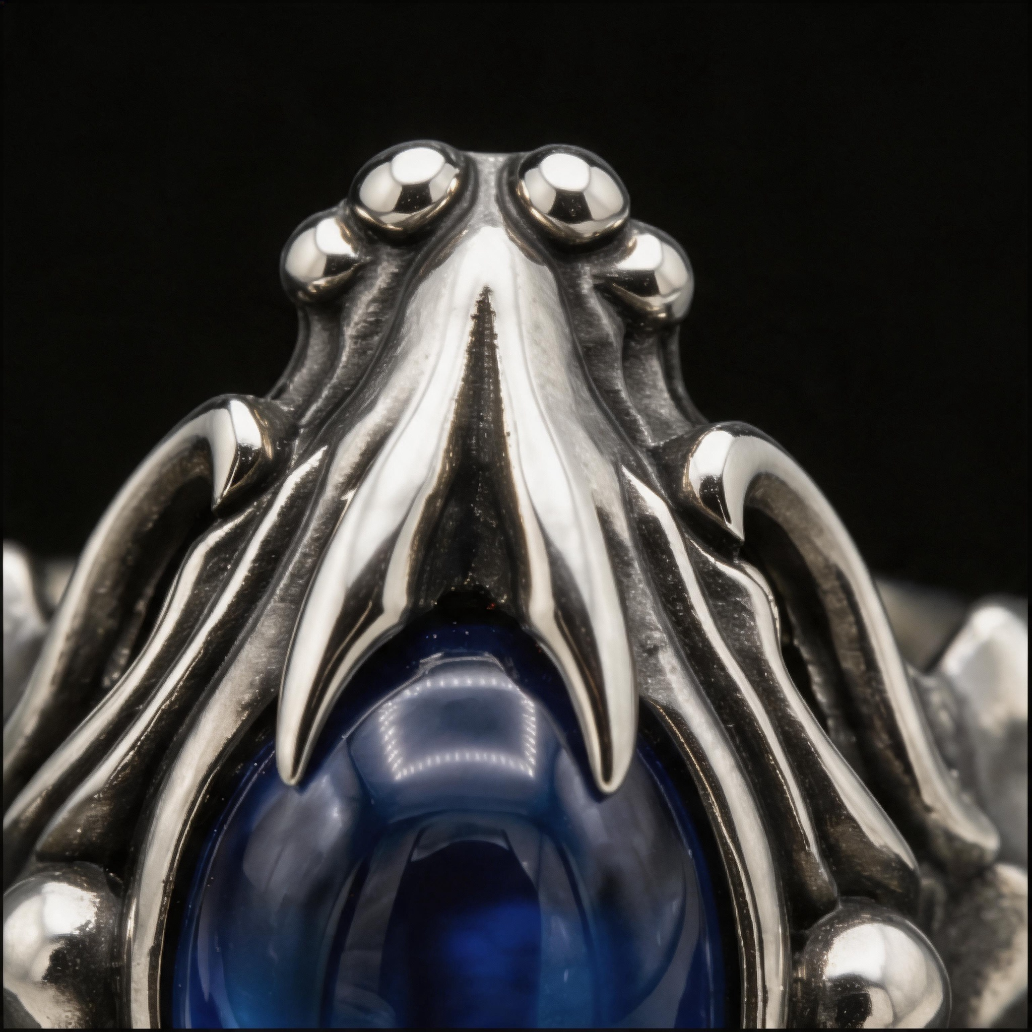 Yuuzo 925 Japan Blue Eye Stone Ring • Gothic Flame Frame Adjustable Ring, Dark Fantasy Statement Jewelry for Unisex