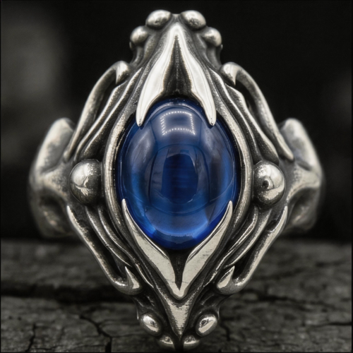 Yuuzo 925 Japan Blue Eye Stone Ring • Gothic Flame Frame Adjustable Ring, Dark Fantasy Statement Jewelry for Unisex