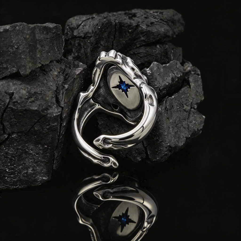 Yuuzo 925 Japan Blue Eye Stone Ring • Gothic Flame Frame Adjustable Ring, Dark Fantasy Statement Jewelry for Unisex
